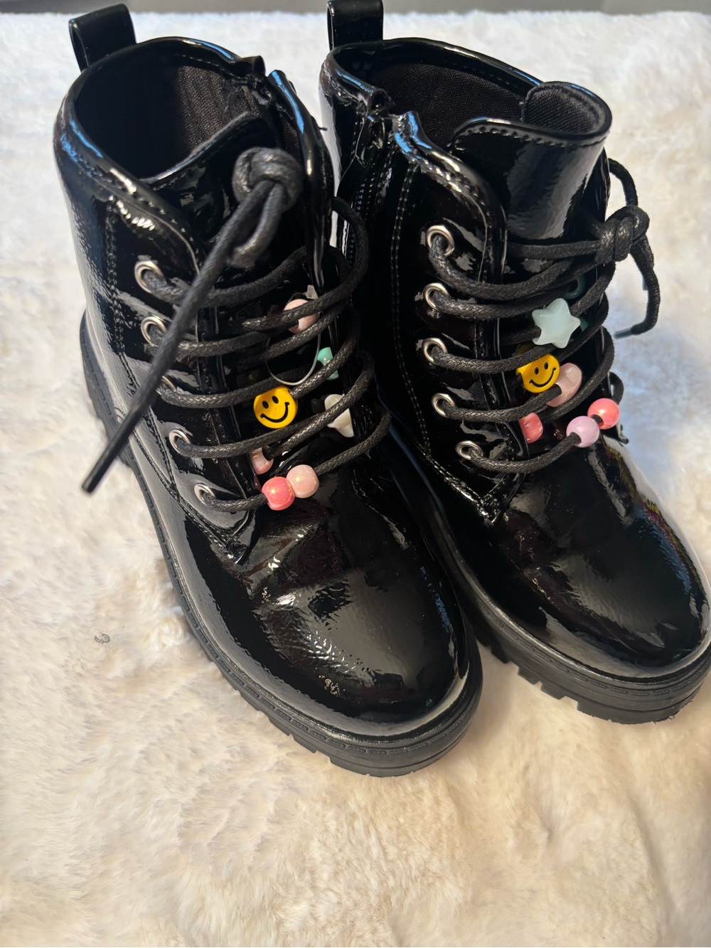 Olivia & Kate Girls Black Patent lace-up side-zip  lug-sole boots w/ charms, 12